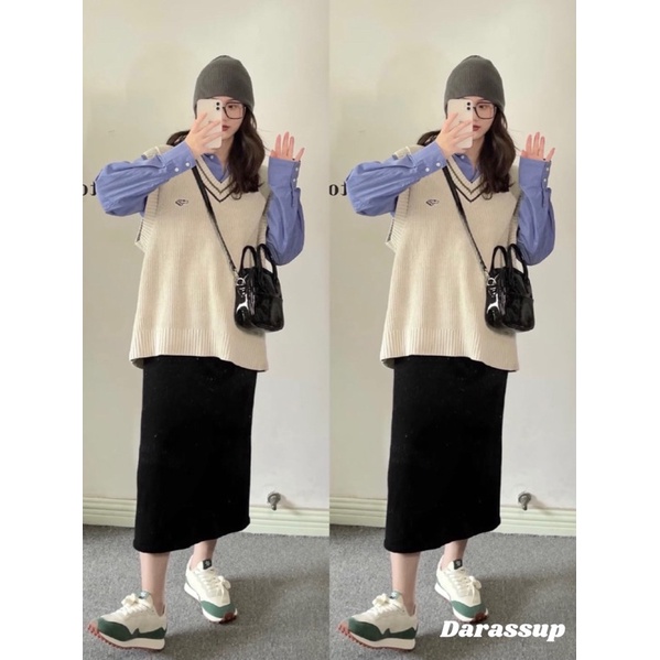 Áo len không tay Áo gile len cổ tim phong cách Ulzzang | WebRaoVat - webraovat.net.vn