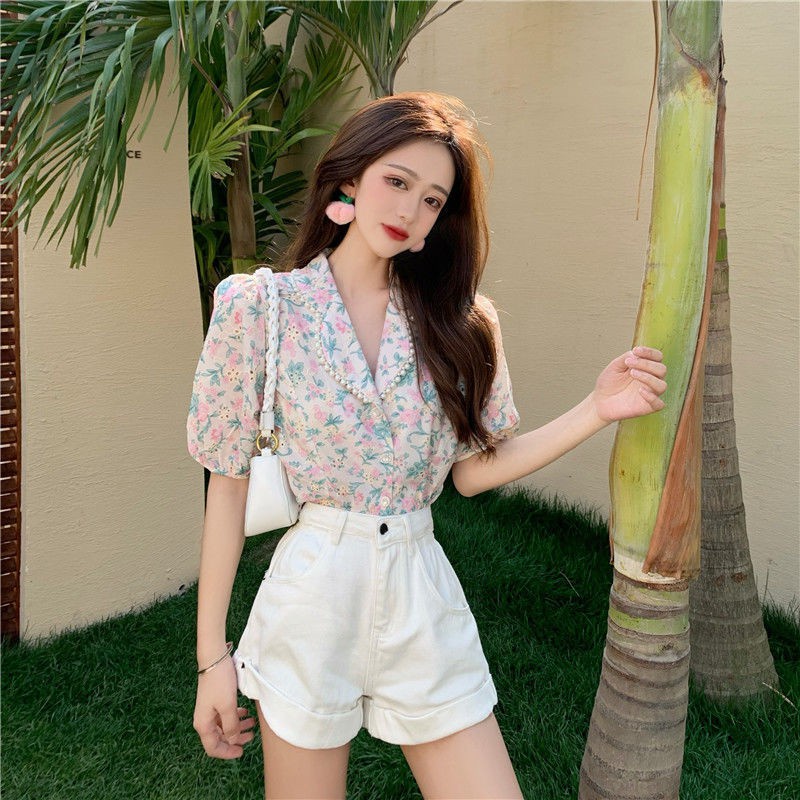 Áo sơ mi tay ngắn họa tiết hoa thời trang mùa hè cho nữ
