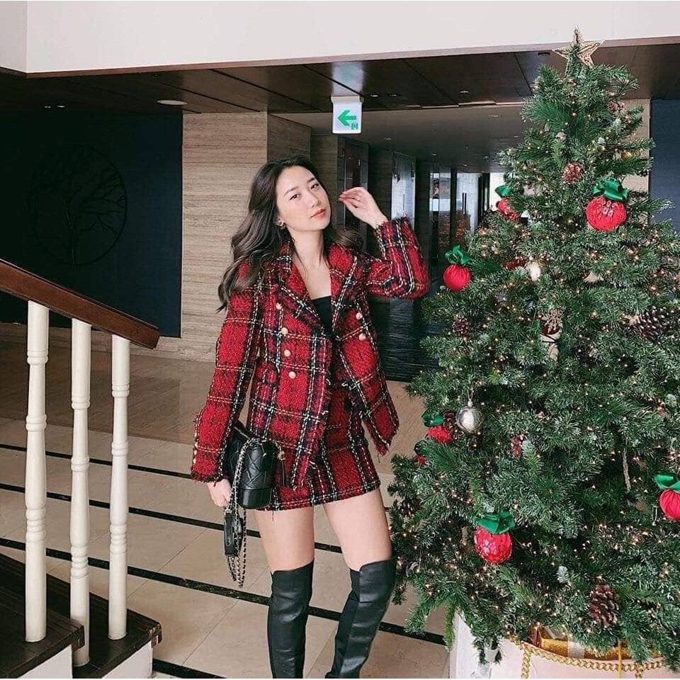 Set Dạ kẻ đỏ Zr xuất BLAZER+CHÂN VÁY khuy đồng-ORDER/ẢNH THẬT