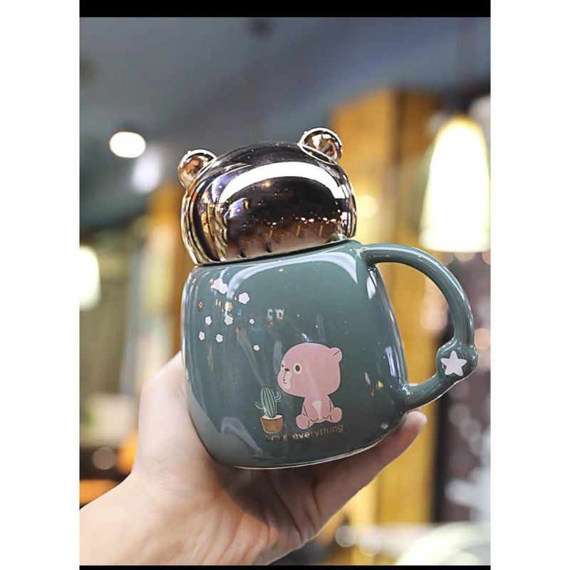 Cốc gốm sứ pha trà cà phê có nắp CUTE BEAR loại 330ml Ly sứ giữ nhiệt cao cấp, cốc uống trà quai liền có nắp đậy