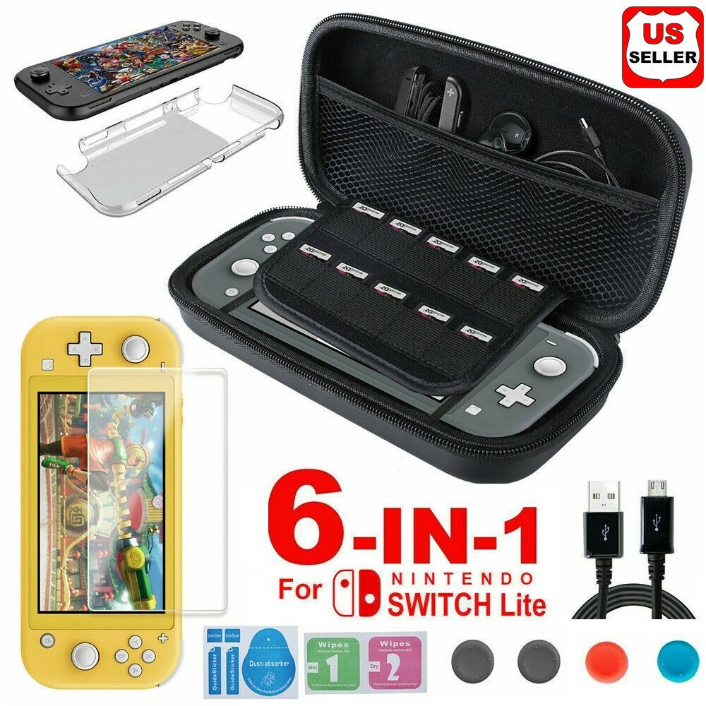 Bộ phụ kiện máy Nintendo Switch 6 trong 1 Lite gồm túi du lịch/vỏ trong suốt/kính cường lực/nắp đậy/dây sạc/đồ phủi bụi
