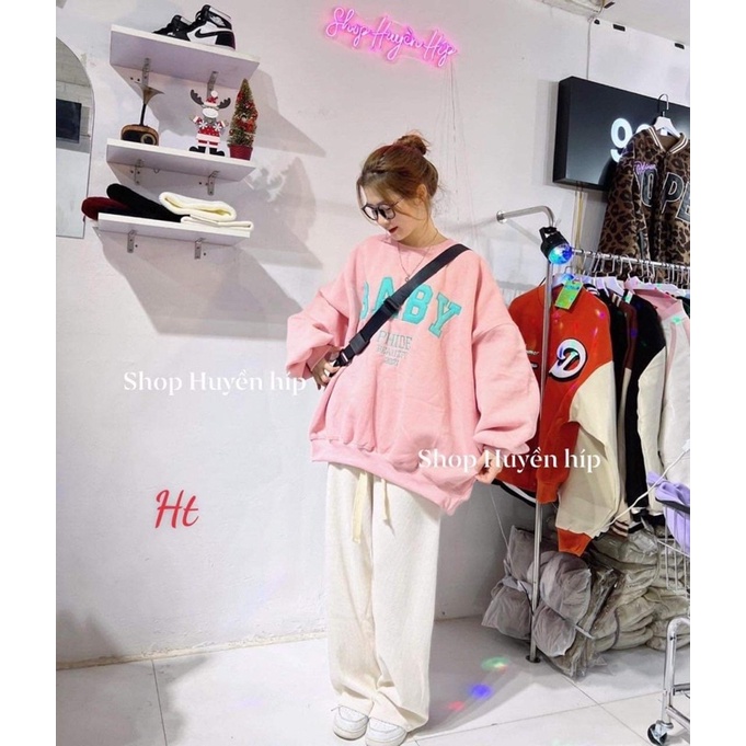 Áo nỉ bo Hồng chữ xanh