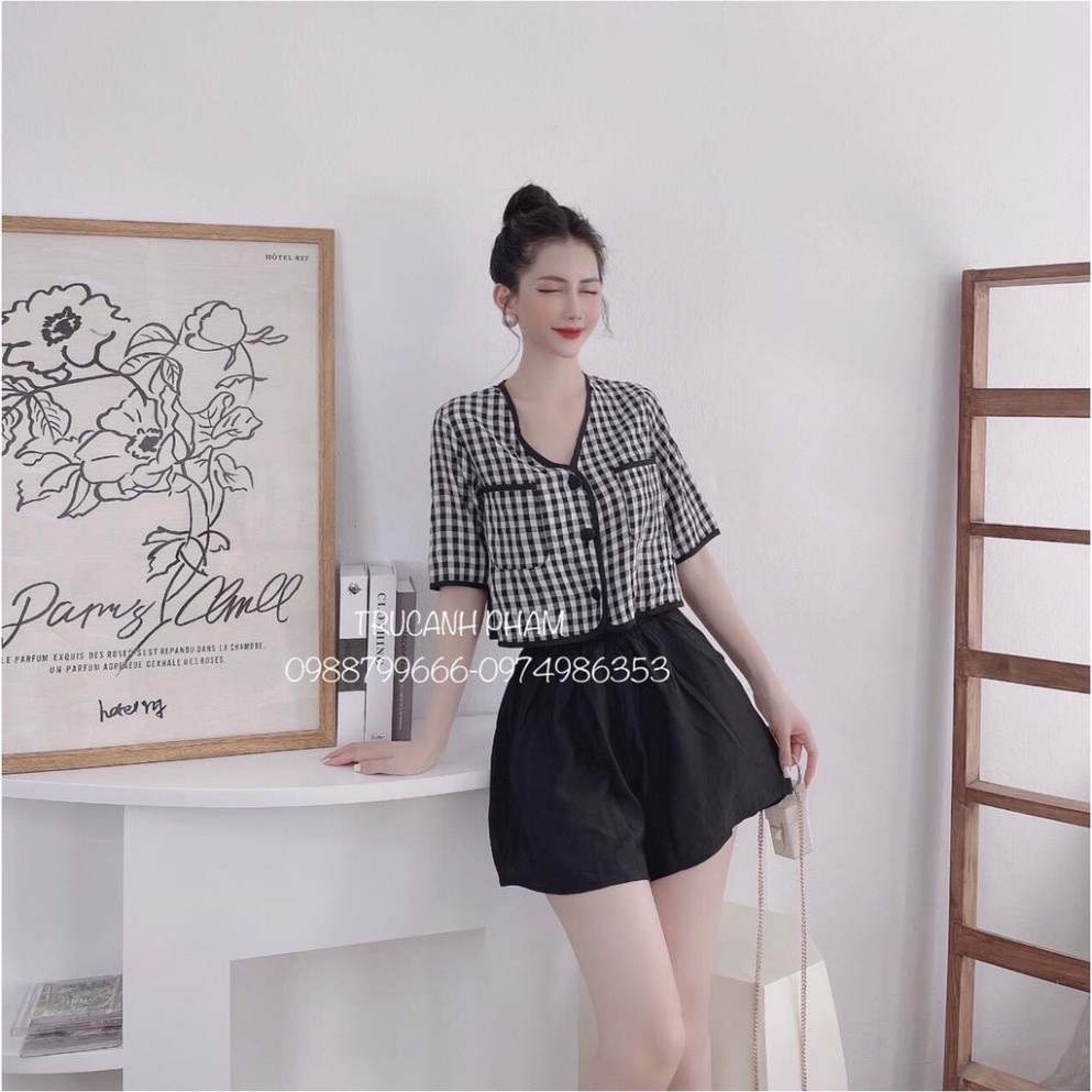 Áo kẻ đính cúc kèm quần sóc giả váy cực hót Chất kẻ cực xinh sang chảnh chất chéo thái đũi ảnh thật ulzzang xiao chất đẹ