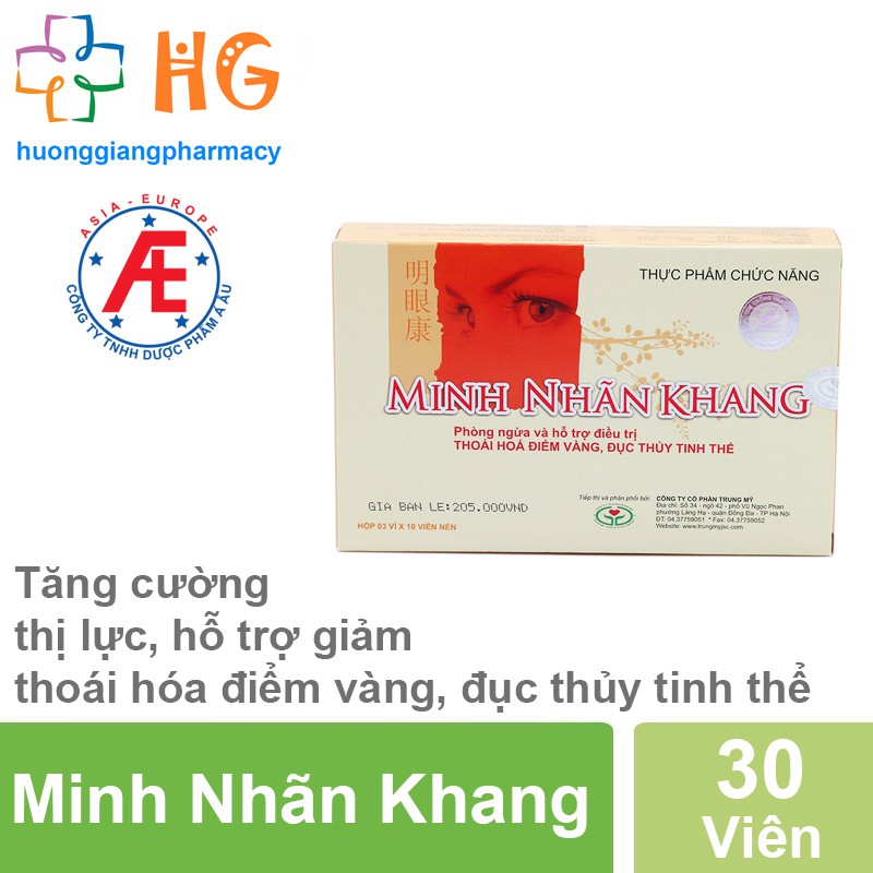 Minh Nhãn Khang - Giúp tăng cường thị lực. Hỗ trợ giảm thoái hóa điểm vàng, đục thủy tinh thể (Hộp 30 Viên)