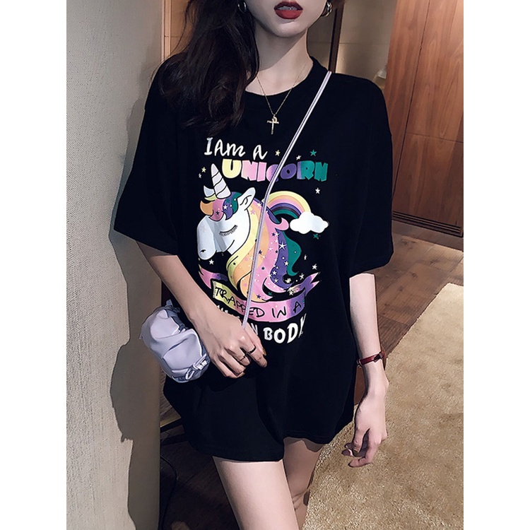 Áo Thun Tay Ngắn Cổ Tròn Dáng Rộng In Hình Hươu Hoạt Hình May Mắn Phong Cách Hàn Quốc Thời Trang Cho Học Sinh