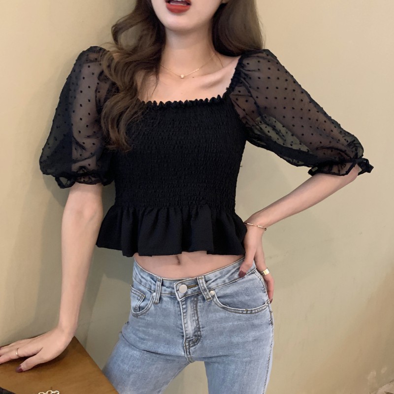 Áo crop top chiffon mỏng cổ vuông kiểu Pháp