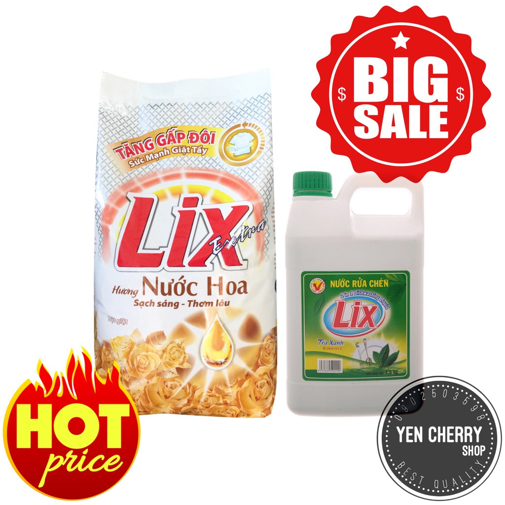 Bột giặt Lix Extra hương Nước Hoa 5.5kg và Nước rửa chén Lix Vitamin E hương Trà Xanh 1,5kg