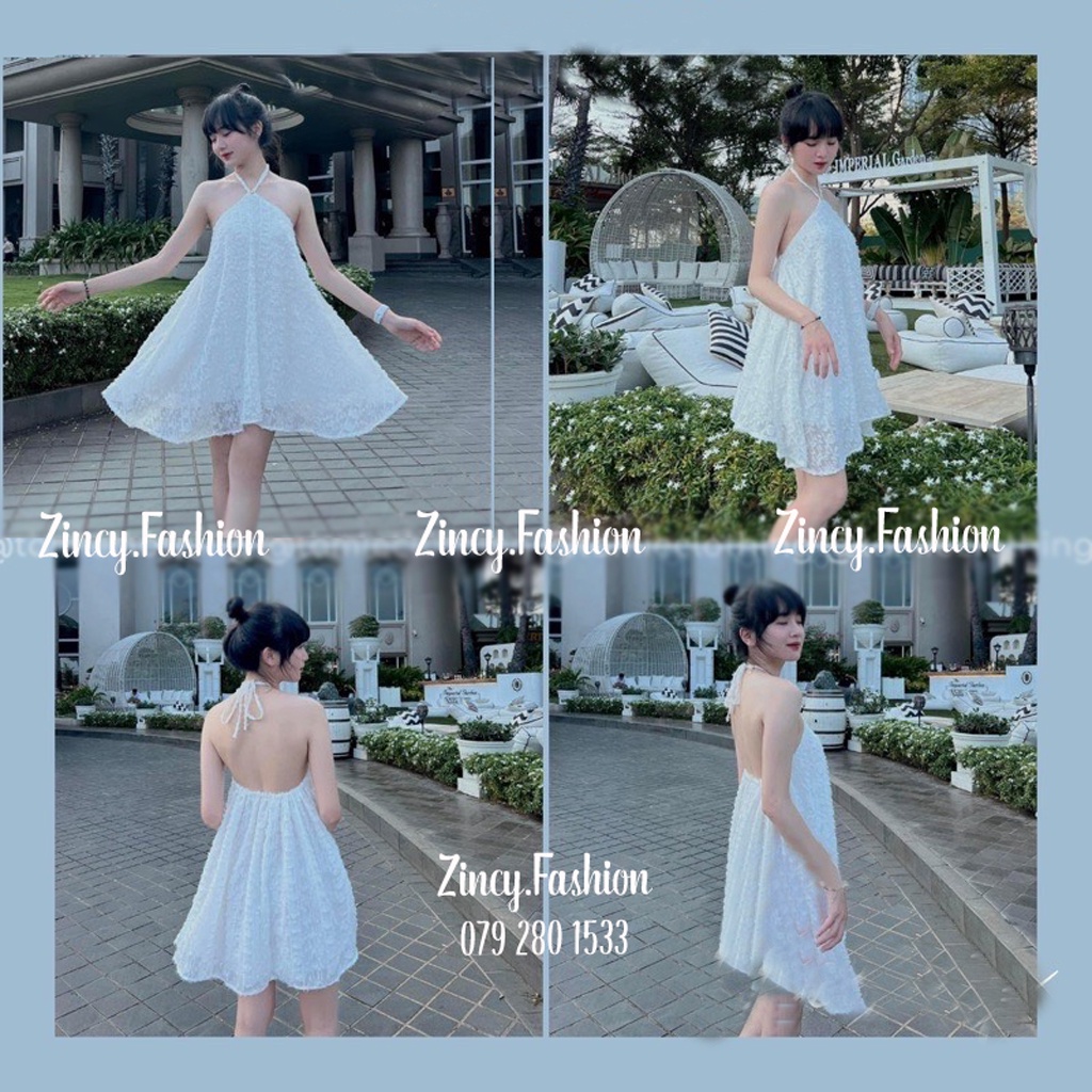 Đầm cổ yếm lông vũ váy dây hở lưng Đầm babydoll dễ thương giấu quần Kèm hình thật đầm đi chơi đi biển