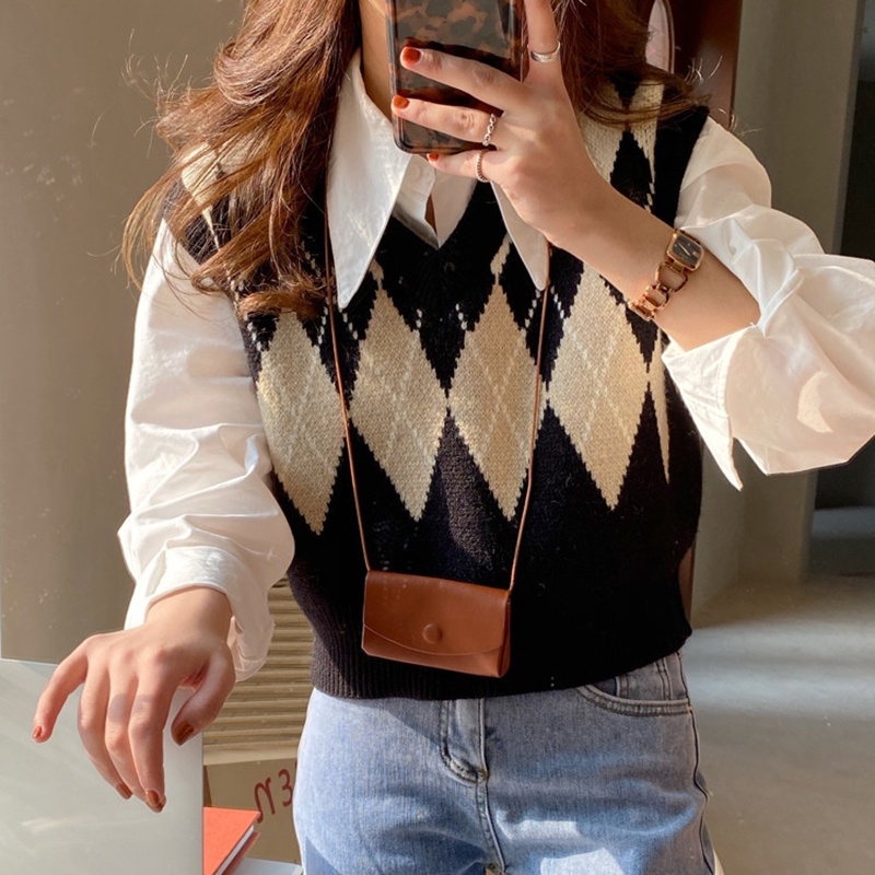 Áo gi-lê IELGY không tay cổ chữ V sọc ca rô dáng rộng phong cách Retro phù hợp với nhiều dịp