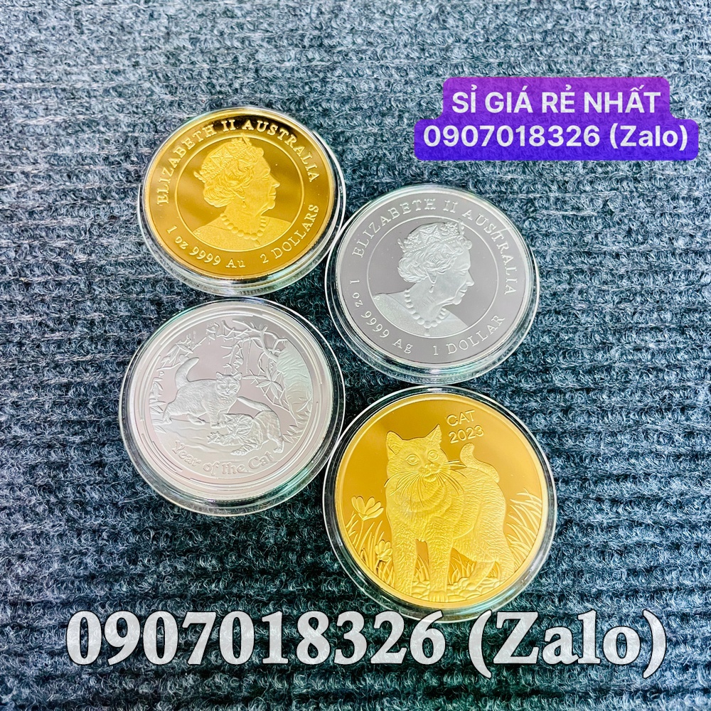 CÓ ĐẾ TRƯNG BÀY XU + Combo 2 Đồng Xu Con Mèo Vàng + Bạc Úc lì xì Tết Quý Mão 2023