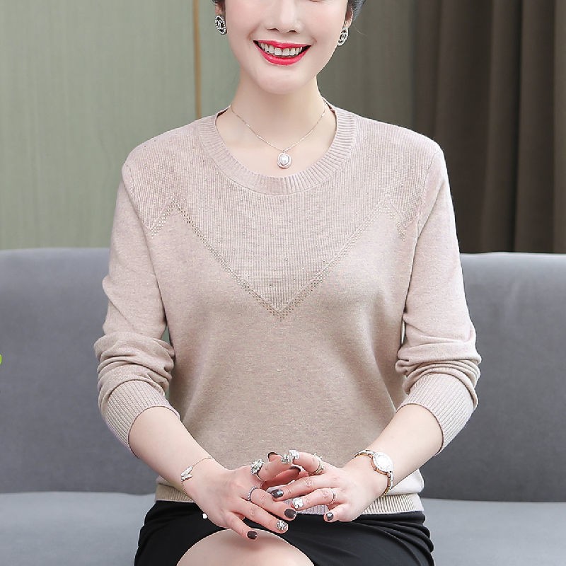 Middle aged fashion۞❈Áo dệt kim cổ tròn mẫu mới mùa xuân 21 len thời trang dáng mỏng rộng cho mẹ TRUNG NIÊN dài t