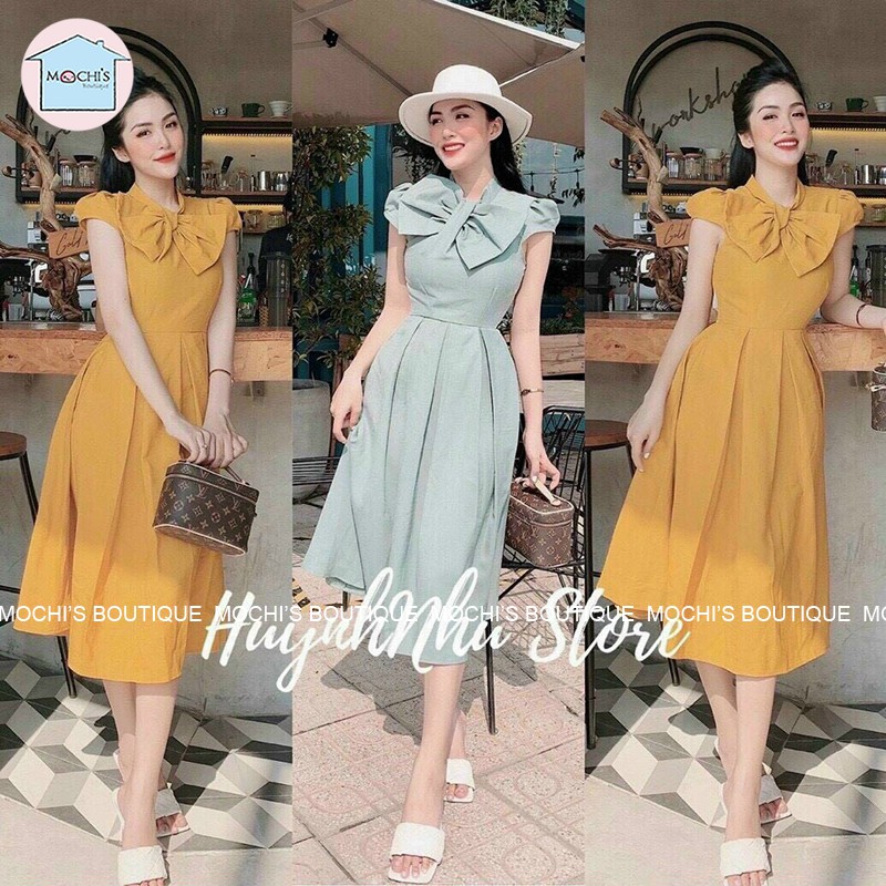 Váy hè nữ dáng dài, mẫu váy đầm maxi cổ nơ dài qua gối dáng xòe nữ tính, tay ngắn đẹp - m054 | BigBuy360 - bigbuy360.vn