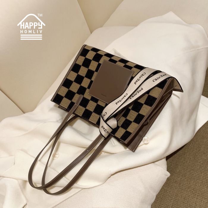 HAPPY HOMLIV Túi Tote Đeo Vai Cỡ A4 Họa Tiết Sọc Caro Phong Cách Retro Thời Trang Cho Nữ