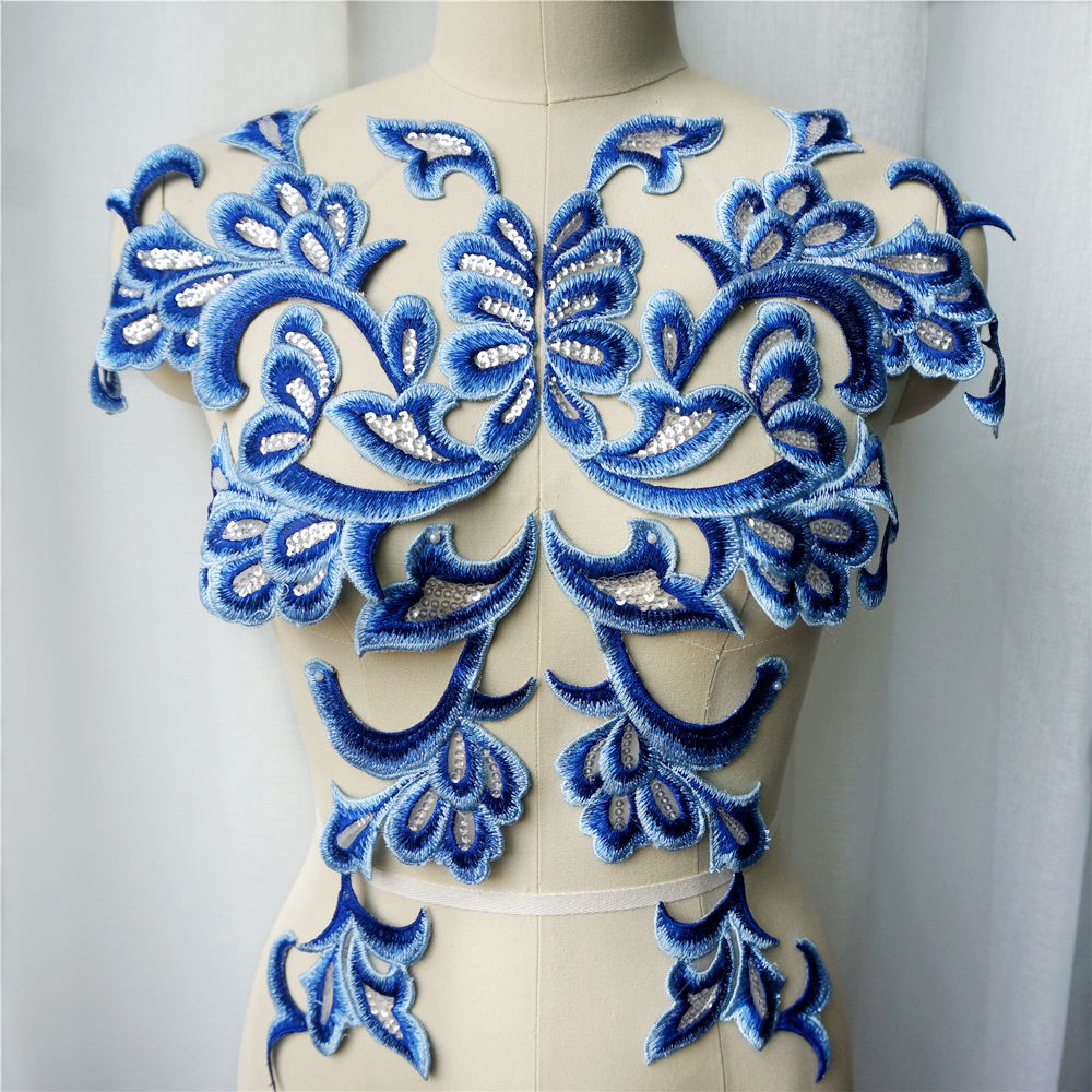 Miếng Vải Ren Thêu Hoa Đính Kim Sa Lấp Lánh Màu Xanh Dương Dùng May Cổ Áo Cho Cô Dâu diy