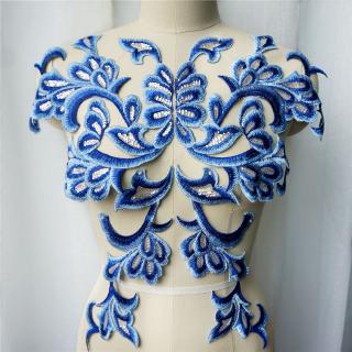 Màu Xanh Kim Sa Lấp Lánh Thêu Baroque Ren Đính May Hoa Cổ Cổ Cổ Miếng Dán Áo Cưới Cô Dâu DIY