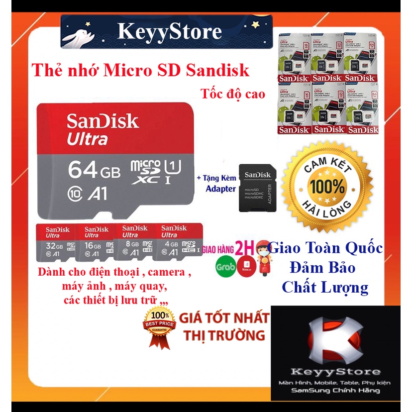 ❤️KeyyStore❤️ Thẻ nhớ MicroSDHC 8gb 16gb 32gb 64gb SanDisk Ultra Class 10 100MB/s cho điện thoại máy ảnh máy quay camera