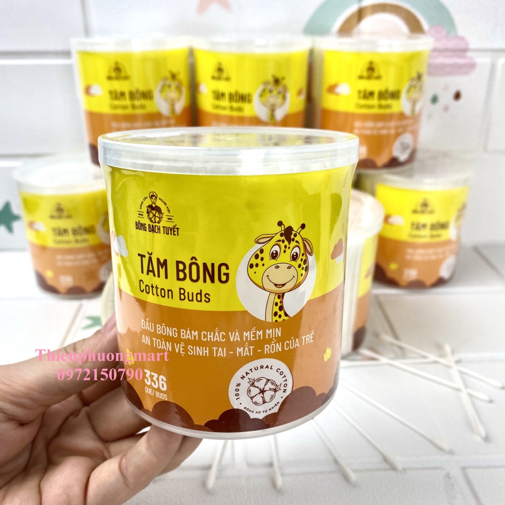Tăm Bông Cho Bé 336 Que HỘP TRÒN XOAY - Tăm Bông Kotton Care For Kid HỘP TRÒN Bông Bạch Tuyết