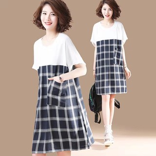 (PE029)Đầm babydoll cổ tròn tay ngắn đắp túi phối kẻ caro