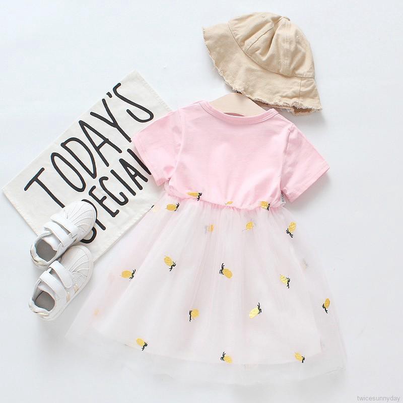Đầm ngắn tay in hình quả dứa cho bé gái