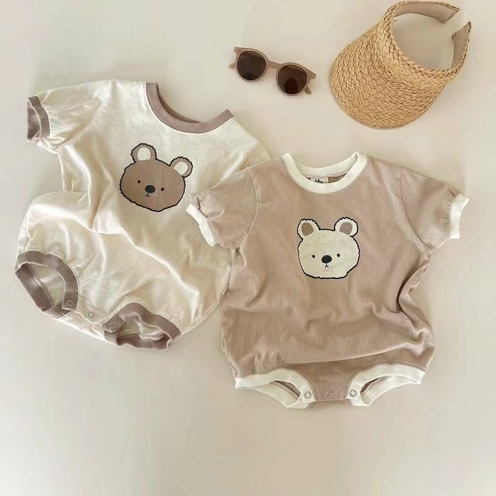 Bộ Áo Liền Quần Tay Ngắn In Hoạt Hình Gấu Dễ Thương Thời Trang Mùa Hè Cho Bé