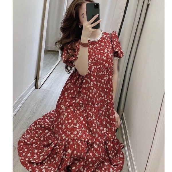 Váy bầu, Đầm thiết kế hoa nhí đuôi cá, chất vải lụa tằm cao cấp mặc mềm mát thoải mái