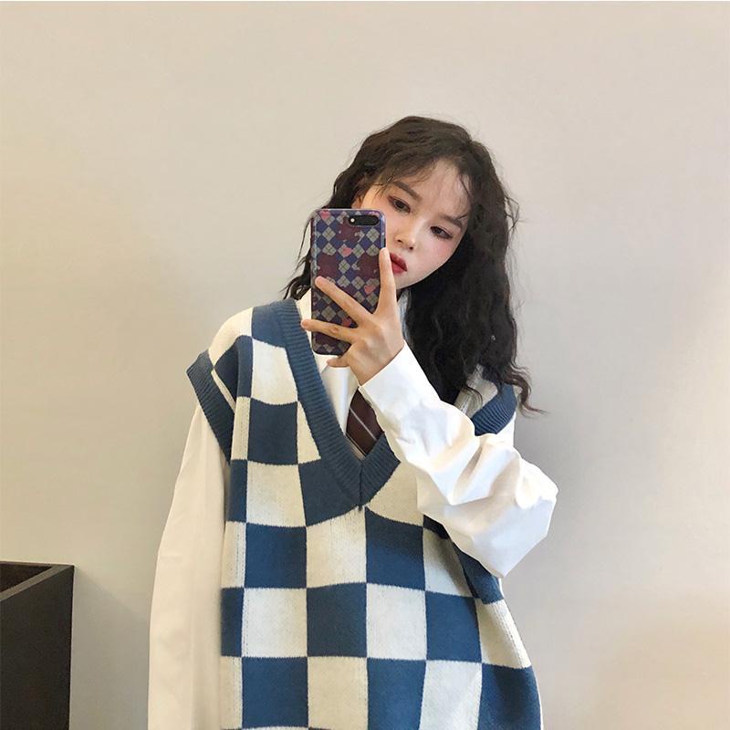 【Keroro】Áo Gile len đan nữ Cổ tim Kẻ sọc Caro Form rộng Phong cách | BigBuy360 - bigbuy360.vn
