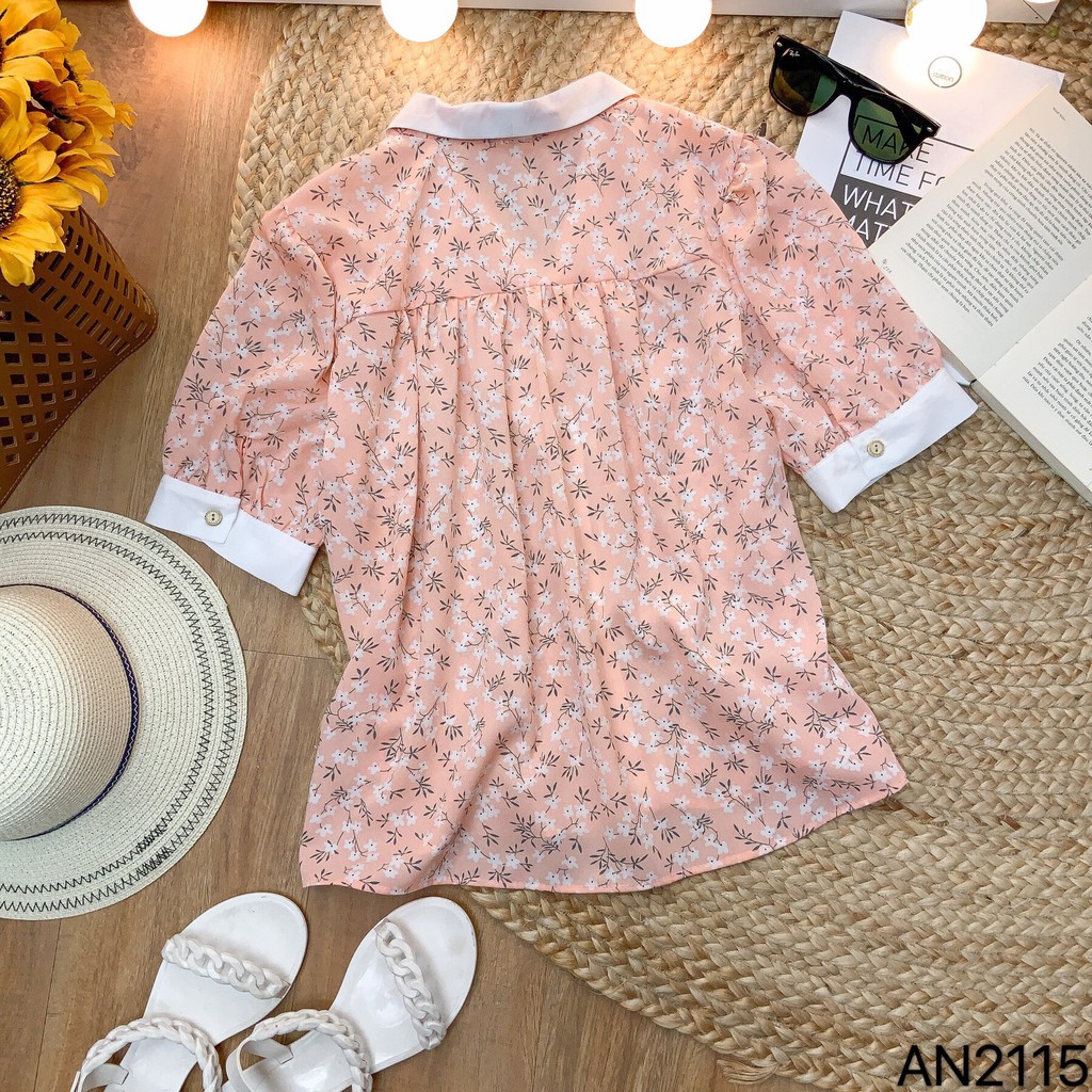 Áo sơ mi hoa MIMIX tay ngắn phồng phối cổ V trắng dạo phố AN2115