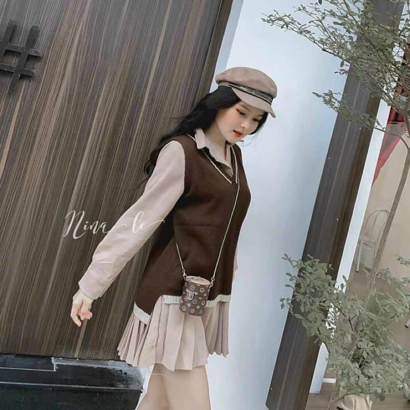 11g- Set đầm sơ mi đuôi cá và áo gile nâu