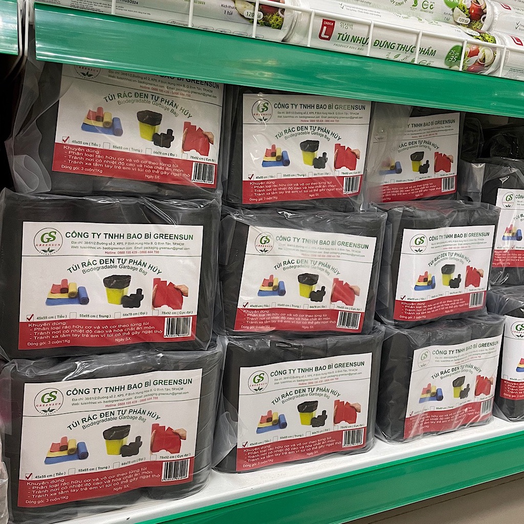 [Combo 10 Ký] Túi Rác Đen Tự Phân Hủy GREENSUN Đủ Size - Bịch 1 Ký/ 3 cuộn (Bibistore)