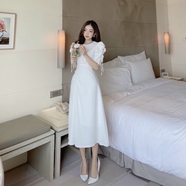 Đầm dự tiệc công sở eo đính chuổi tay nơ