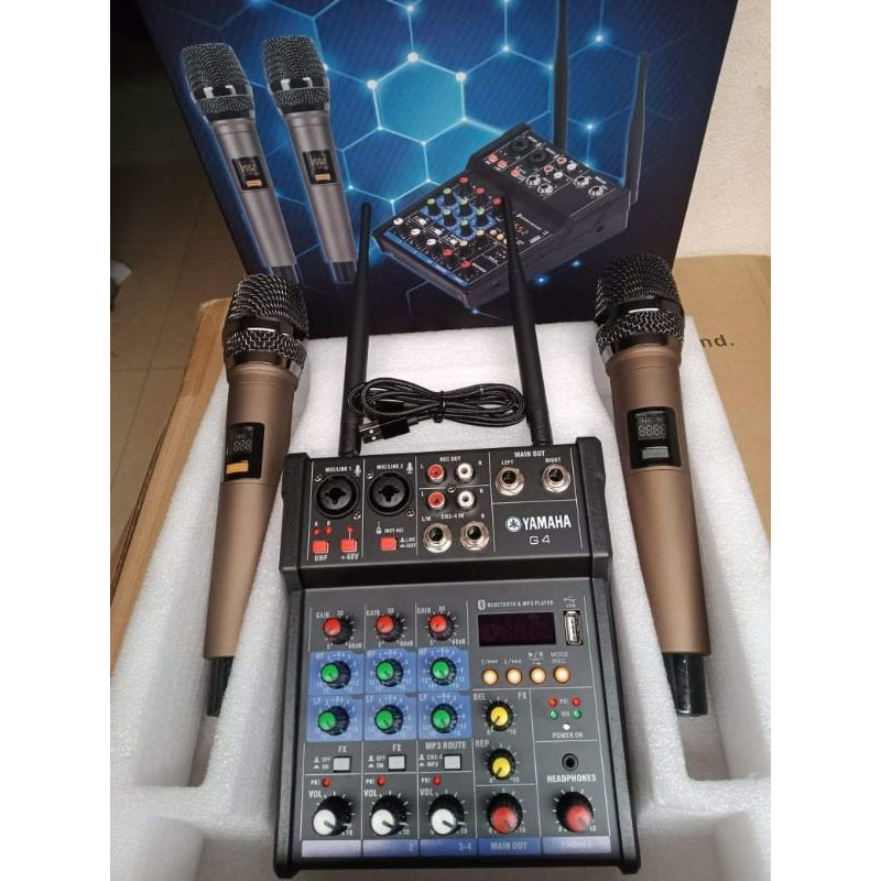 Suondcard Mixer G4 live stream bluetooth màn hình LED có 2 mic không dây tiện cho loa kéo và các loa khác