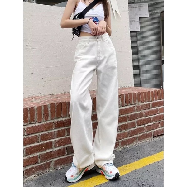 Quần Baggy Kaki Nữ Ống rộng dáng suông phong cách hàn màu trắng kem