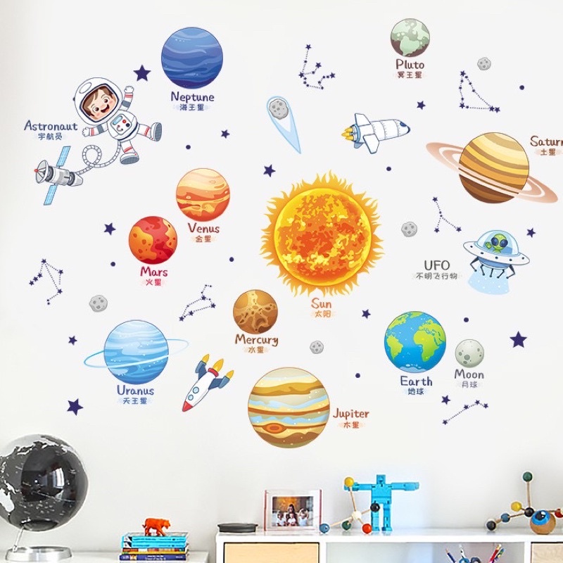 Decal dán tường Hành tinh hệ mặt trời cho bé tiếng anh