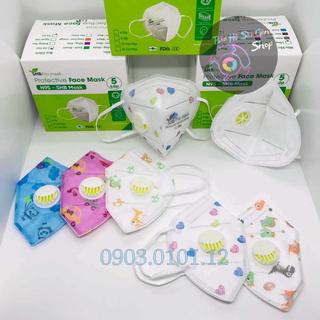 Khẩu trang n95 trẻ em có van thở SHB pro mask chính hãng hộp 10 cái, Kn95 em bé cao cấp chuẩn FFP2