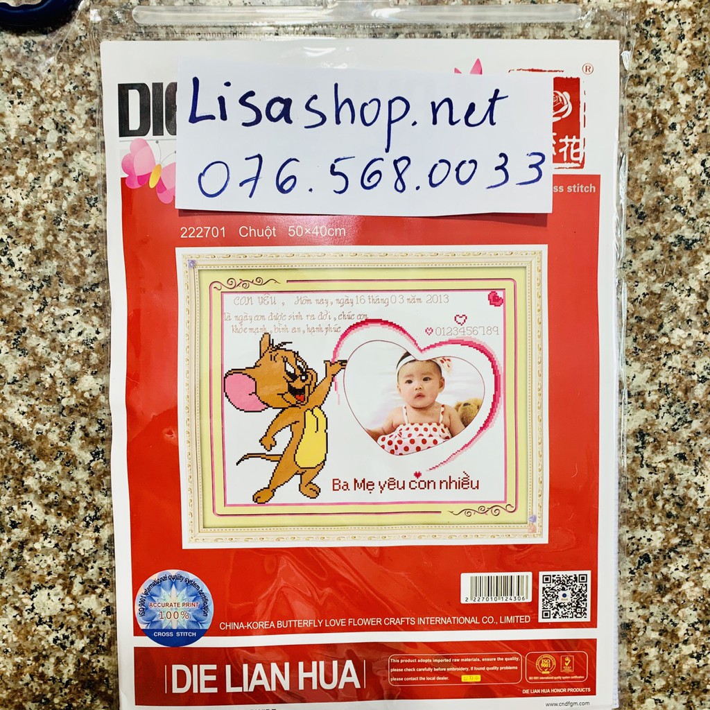 Tranh thêu chữ thập con chuột CÓ LỒNG HÌNH50x40cm chưa thêu 222701