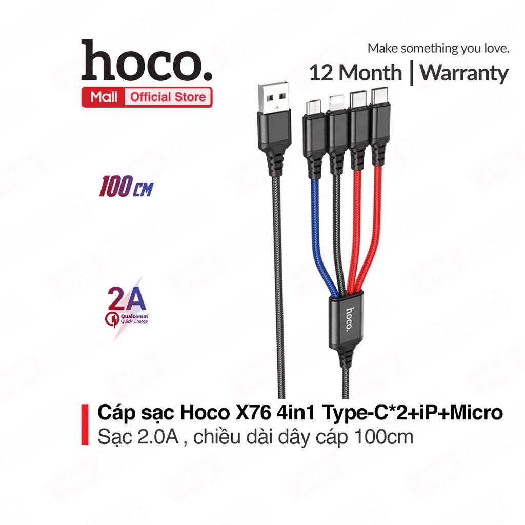 Cáp sạc đa năng 3 màu Hoco X76 4-in-1 2Type-C + Lightning + Micro hổ trợ sạc 2.0A dây dù siêu bền dài 100cm (3 MÀU)