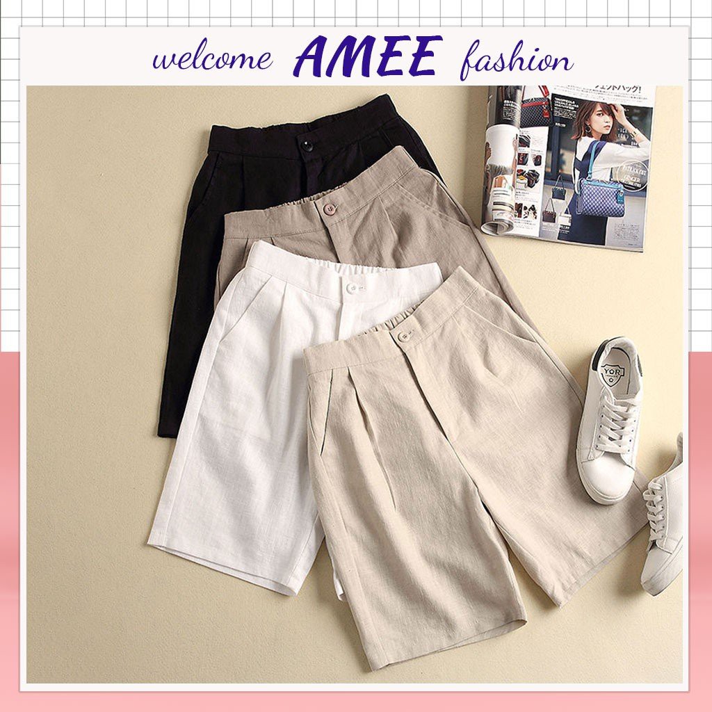 Quần đùi đũi Amee Fashion ống rộng khoá thật, Quần short lửng nữ, Chất đũi mềm mịn, mướt mặc siêu mát