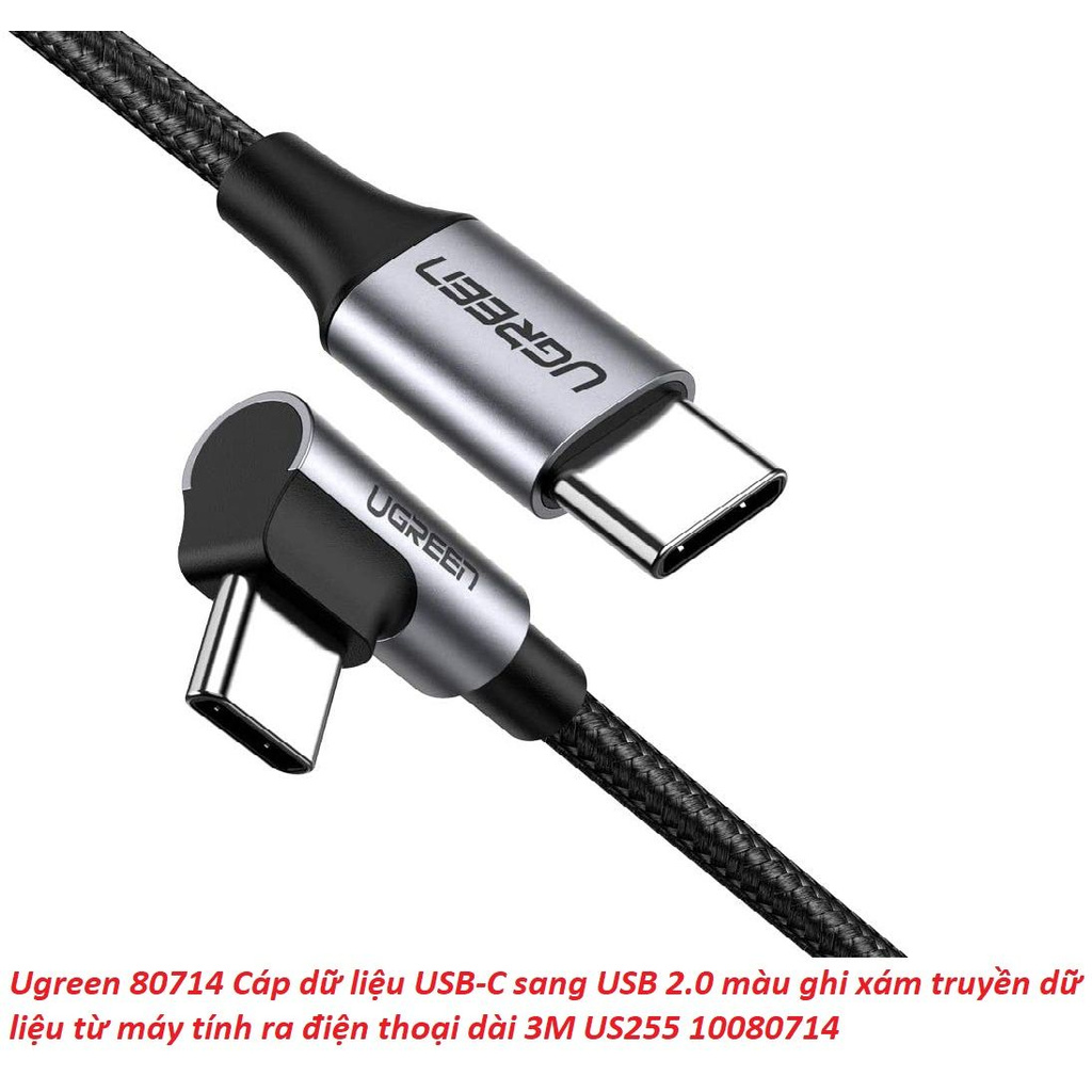 Ugreen 80714 3M bẻ góc C 90 độ màu xám cáp 2 đầu type c 2.0 sạc và truyền dữ liệu từ máy tính ra điện thoại US255