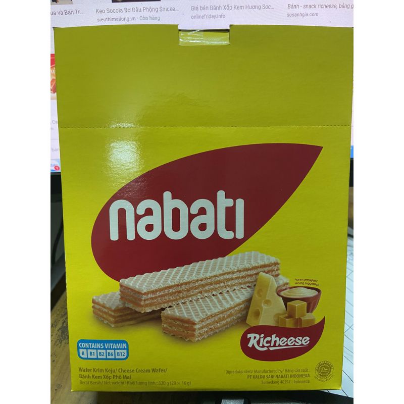 Hộp 20 thanh Bánh Xốp Phô Mai Richeese Nabati Cheese Cream Wafer 320g(20 thanh x 16g)Socola 320g
