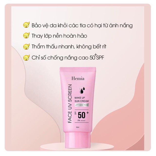 [HEMIA] Combo 2 Kem Chống Nắng Hemia SPF 50+ Trắng Da Nâng Tone Makeup Da Không Nhờn Dính Bóng Dầu Hàn Quốc