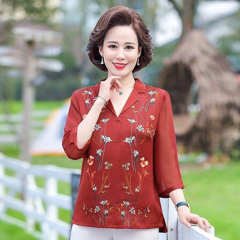 2022 mẹ mới áo sơ mi mùa hè cho người già voan trung niên và phông ba phần tư tay
