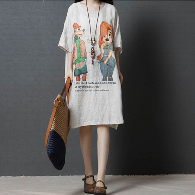 Đầm suông dáng rộng tay ngắn in hình hoạt hình kích thước M-2XL | BigBuy360 - bigbuy360.vn