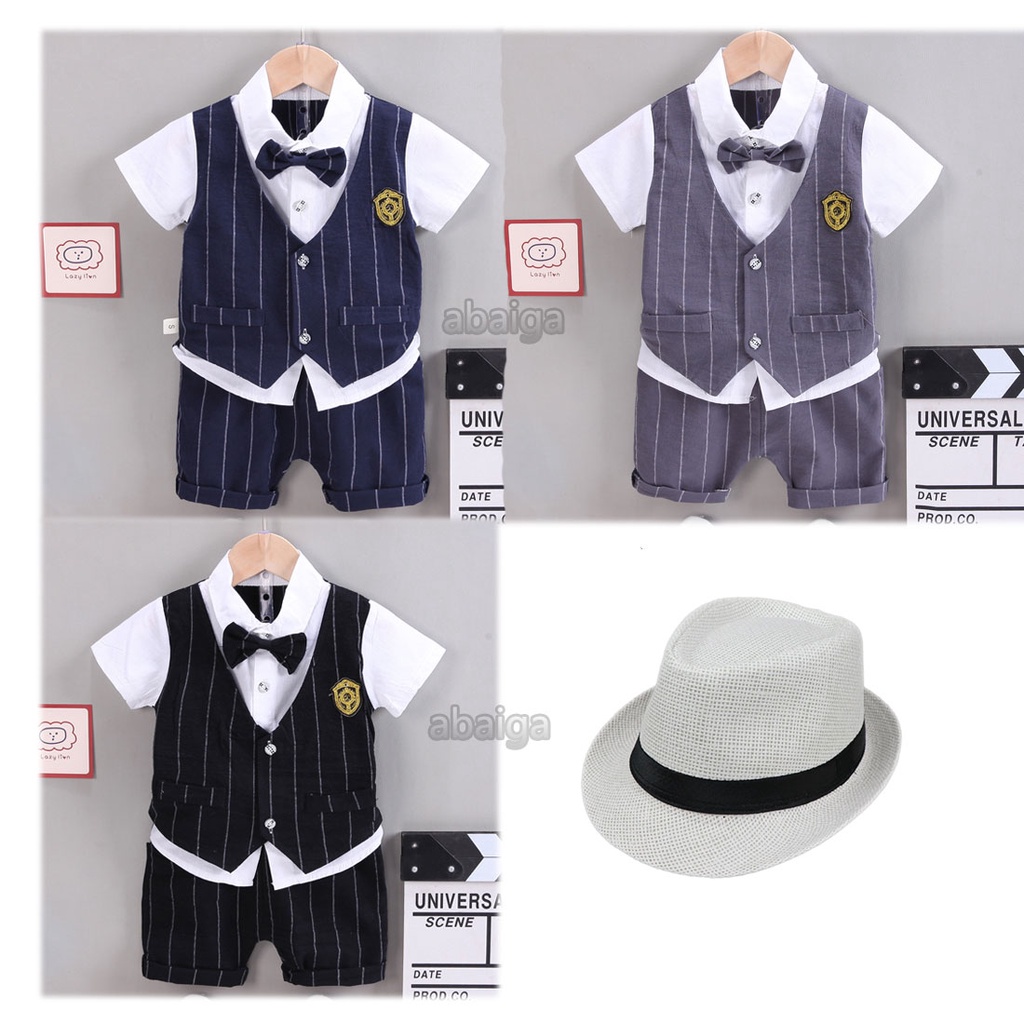 Bộ Áo Sơ Mi Ngắn Tay Giả Vest + Quần Đùi Kẻ Sọc Thời Trang Cho Bé Trai 1-4 Tuổi