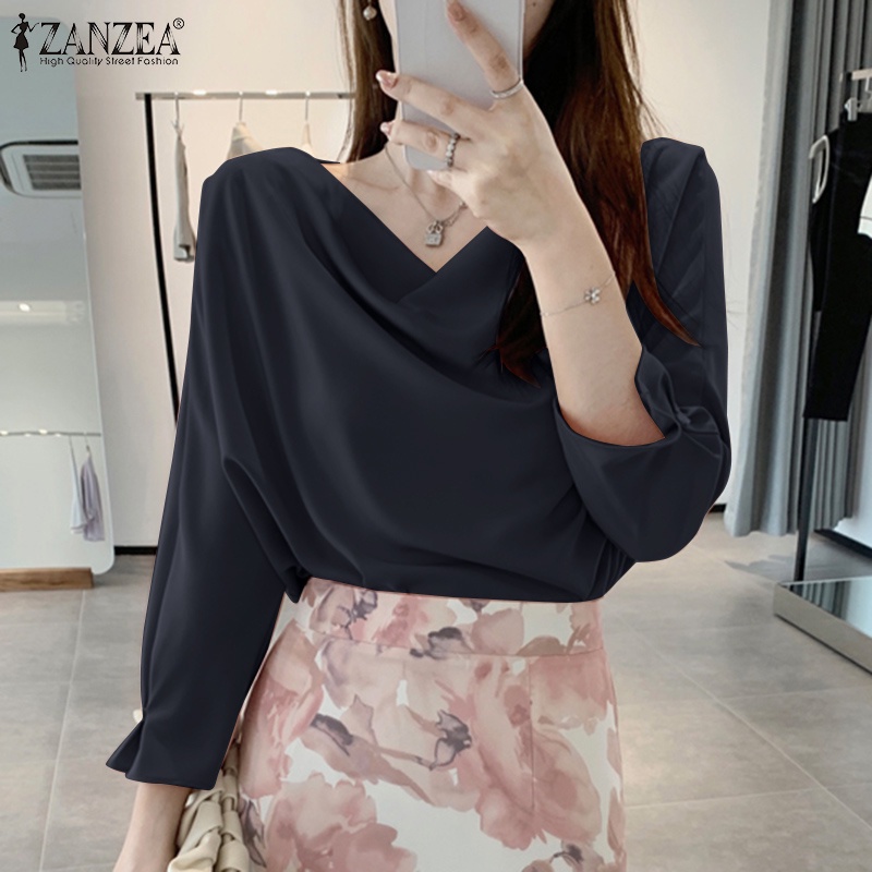 Áo kiểu ZANZEA tay lửng 3/ 4 vải satin màu trơn thời trang cho nữ