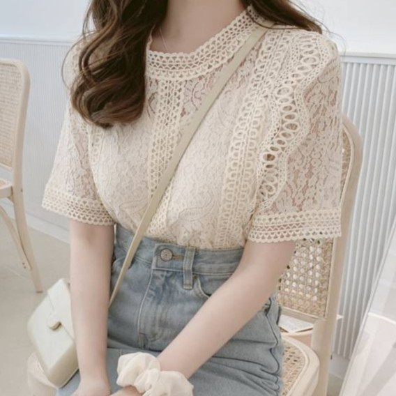 Áo Thun Tay Lỡ Cổ Tròn Phối Ren Phong Cách Hàn Quốc Thời Trang Mùa Hè Cho Nữ210512