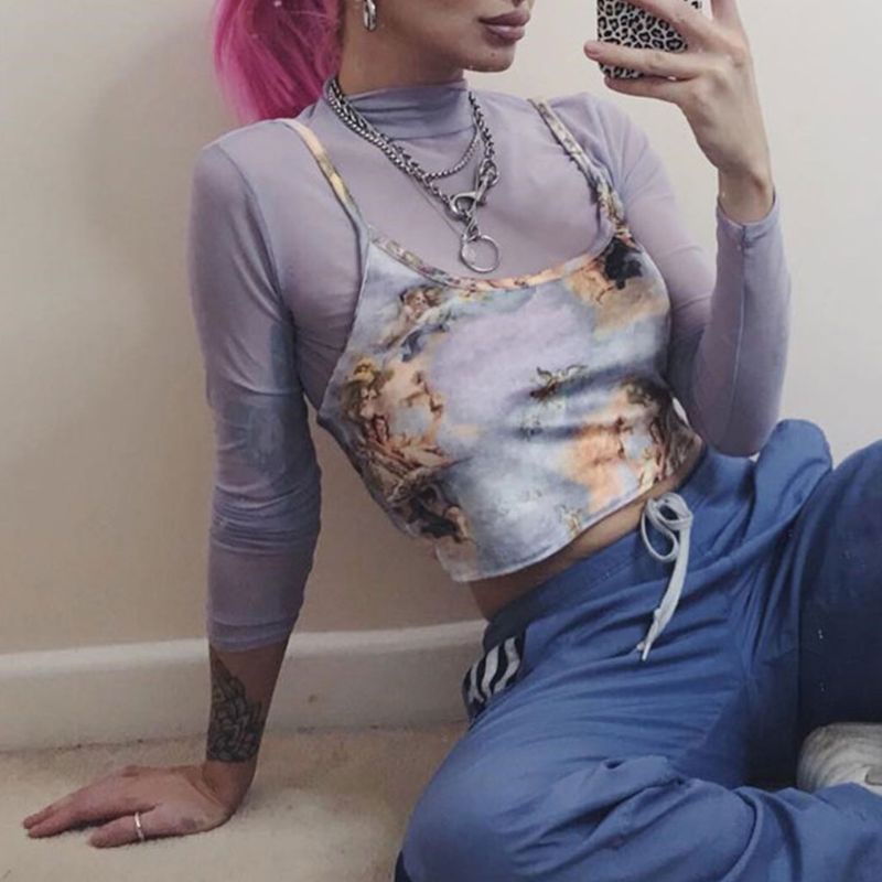 Xiangbao Áo Crop Top Hai Dây Spaghetti Gợi Cảm Mùa Hè Hình Thiên Thần Tình Yêu Cupid Kỹ Thuậ