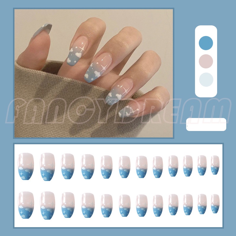 Set 24 móng tay giả màu đen họa tiết hoa/bướm xinh xắn kèm keo dán