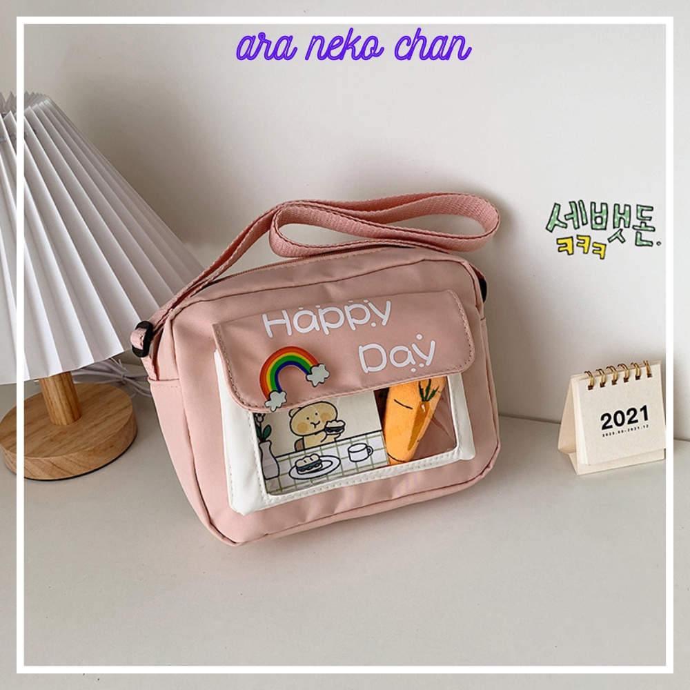 Túi đeo chéo nữ Happy Day cute dễ thương vải canvas (kèm phụ kiện)