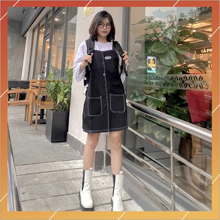 Đầm Yếm Chỉ Nổi, Váy Yếm Chỉ Nổi Chất Jeans Thô Mềm, Dáng Suông Vintage Unisex