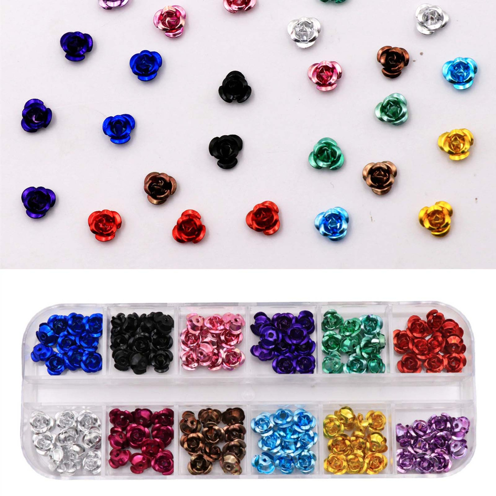 [Hàng mới về] Hộp Phụ Kiện Hạt Trang Trí Móng Tay Họa Tiết Hoa 3D Bằng Kim Loại